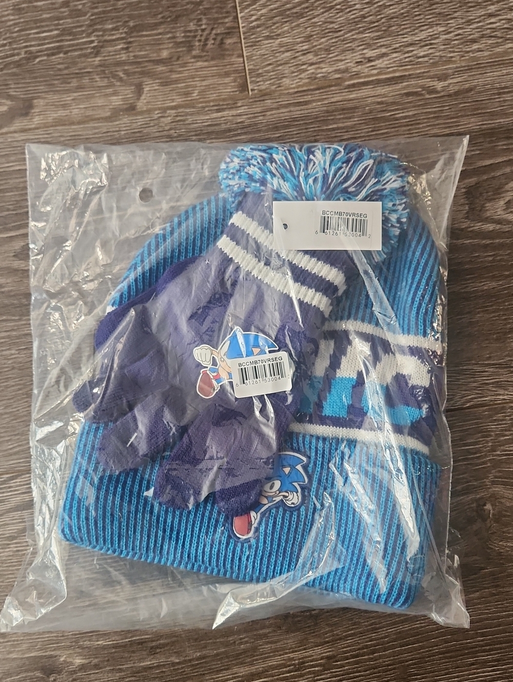 Sonic the Hedgehog Blue Knit Pom Pom Beanie & Gloves Set - Kids Brand New